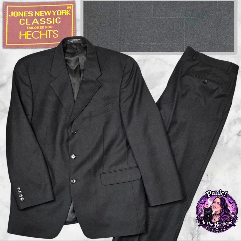 Jones New York Suit Men 44R Cashmere Worsted Tweed Black Windowpane Classic Fit